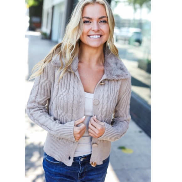 Mocha Button Down Faux Fur Collar Cardigan - Picture 1 of 2